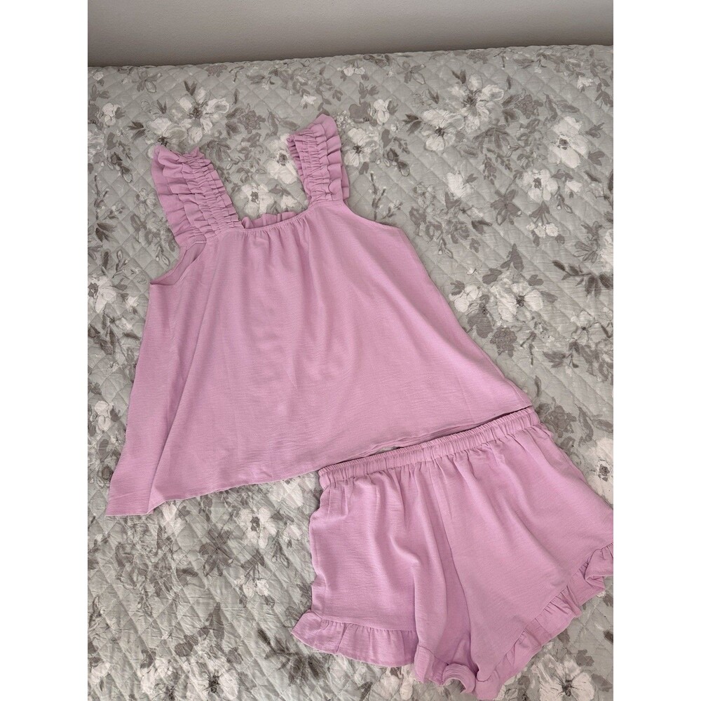 Lavender Ruffle Lounge Set Womens Large Pajama Set Coquette Babydoll Tank Shorts - Picture 2 of 5